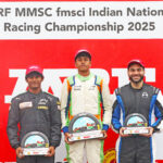 MRF F2000 Race-2 winner Ishaan Madesh (centre), flanked by second-placed Arjun Chheda (left) and third-placed Akhil Agarwal (July 20)