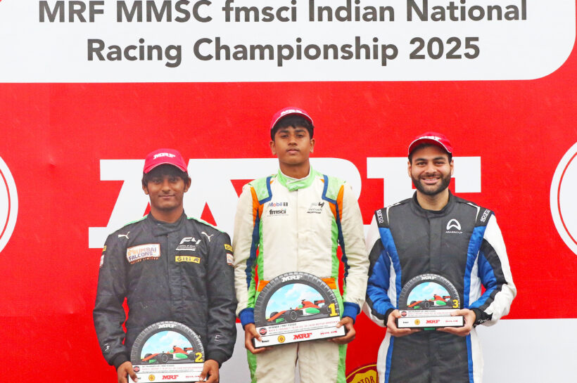 MRF F2000 Race-2 winner Ishaan Madesh (centre), flanked by second-placed Arjun Chheda (left) and third-placed Akhil Agarwal (July 20)