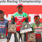 Rahil Pillarisetty, winner of PS 301-400cc Open race flanked by second-placed Chiranth Vishwanath (left) and third-placed Rajini Krishnan (Aug 3)