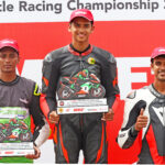 Savion Sabu (centre), winner of PS 200cc Open race flanked by second-placed Mohan Babu (left) and third-placed Soorya PM (Aug 03)
