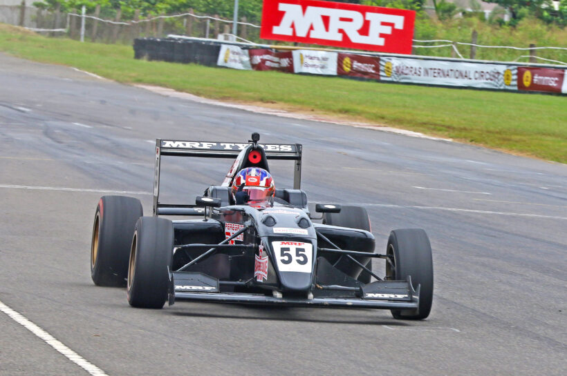 Ishaan Madesh celebrating his win in the MRF F2000 race (Sept 21)
