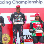 Jagathishree Kumaresan (centre), winner of Girls (Stock 165cc) race, flanked by second-placed Ann Jennifer (left) and third-placed Rakshitha Dave (Sept 7)