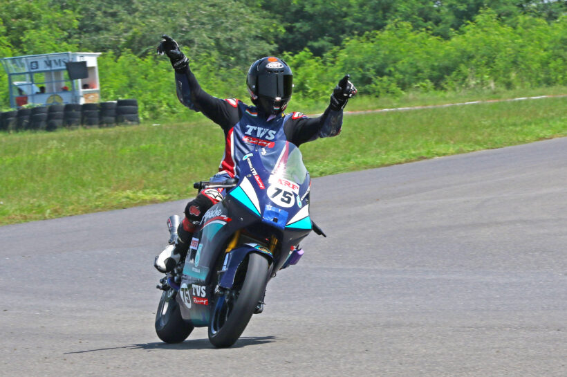Sarthak Chavan celebrating his win in the Pro-Stock 301-400cc Open race (Sept 7)