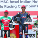 Sarthak Chavan (centre), winner of Pro-Stock 301-400cc Open race flanked by second-placed Rahil Pillarisetty (left) and third-placed Rajini Krishnan (Sept 7)