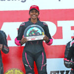 Girls (Stock 165cc) race winner Jagathishree Kumaresan (centre) flanked by second-placed Ann Jennifer (left) and third-placed Rakshitha Dave (Oct 4)