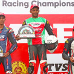 The top 3 finishers in Pro-Stock 301-400cc Open - Rahil Pillarisetty (winner, centre), Sarthak Chavan (second, left) and Rakshith Dave (third, right). (Oct 5)