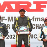 MRF F2000 Race-2 winner, Ishaan Madesh (centre) flanked by second-placed Arjun Chheda (left) and Tarun MB (Jan 05)
