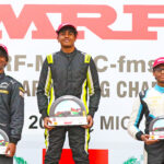 MRF F2000 race winner Ishaan Madesh (centre) flanked by second-placed Arjun Chheda (left) and Tarun MB (Jan 25)
