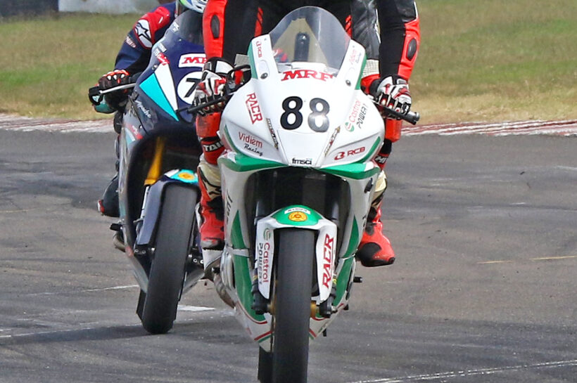 Rahil Pillarisetty celebrating his win in the Pro-Stock 301-400cc Open race (Jan 10)