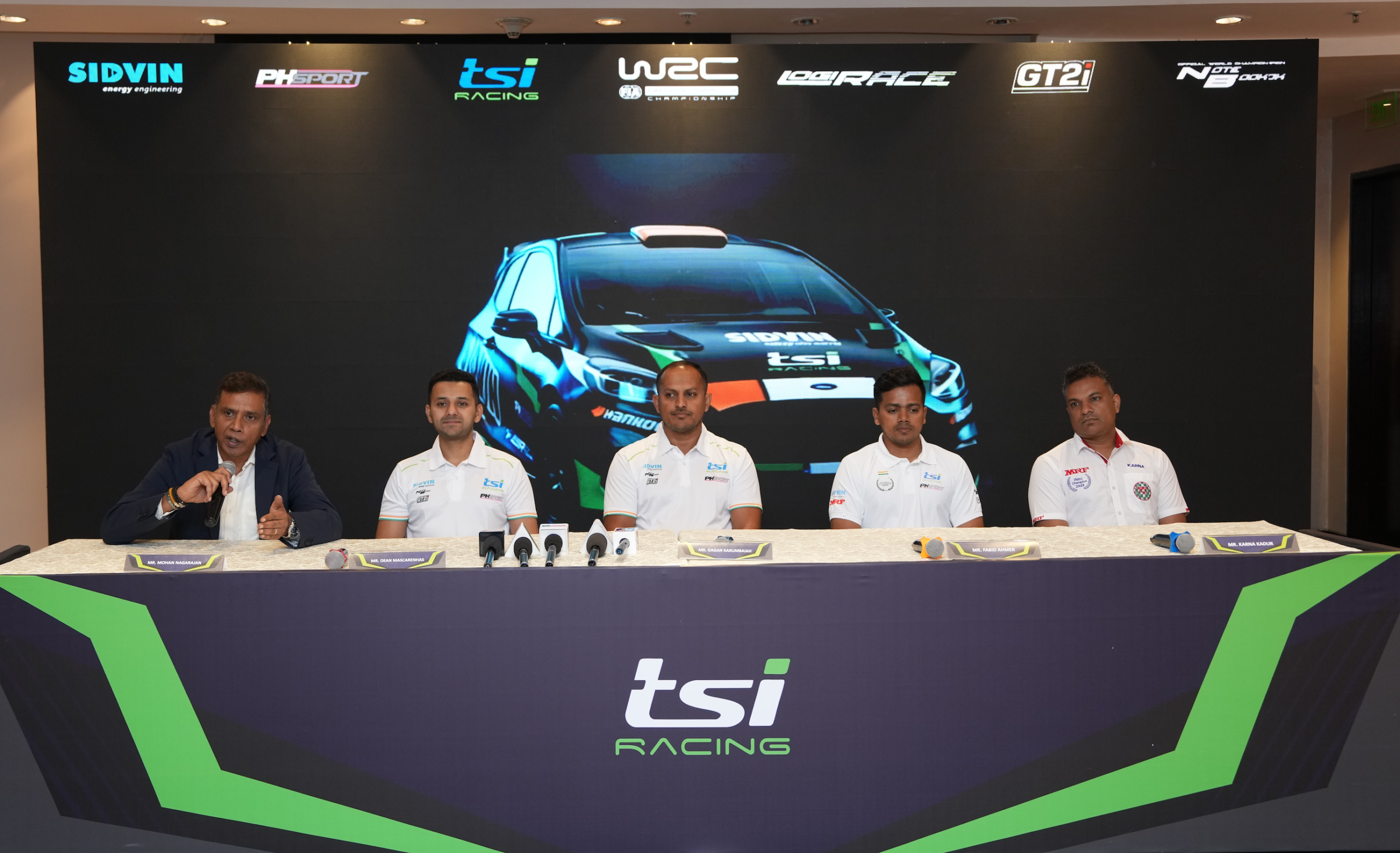 From Right to Left Dean Mascarenhas-Driver WRC Debut, Mohan Nagarajan- Chairman, Sidvin Energy, Gagan Karumbaiah-Co-Driver WRC Debut, Fabid Ahmer, Driver, TSI Racing and Karna Kadur- 3X INRC Overall C
