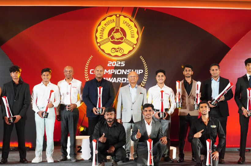 The MRF MMSC FMSCI National four-wheeler and two-wheeler champions along with MRF Vice-Chairman and Managing Director Arun Mammen (7th from left) (March 12)