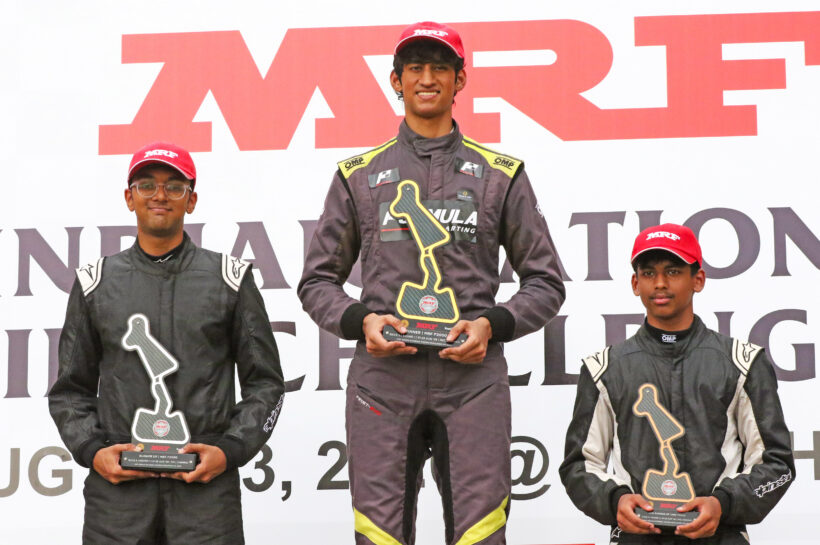 MRF F2000 race winner Saishiva Sankaran (centre) flanked by Aditya Patnaik (left, second) and Swarnav Das (third) (Aug 23)
