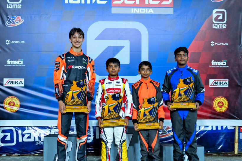 The IAME Series India 2026 overall winners (left to right) - Kairav Roberson, Aruthran Prabhu, Shiv Neel and Rehan Khan Rasheed (Aug 29)